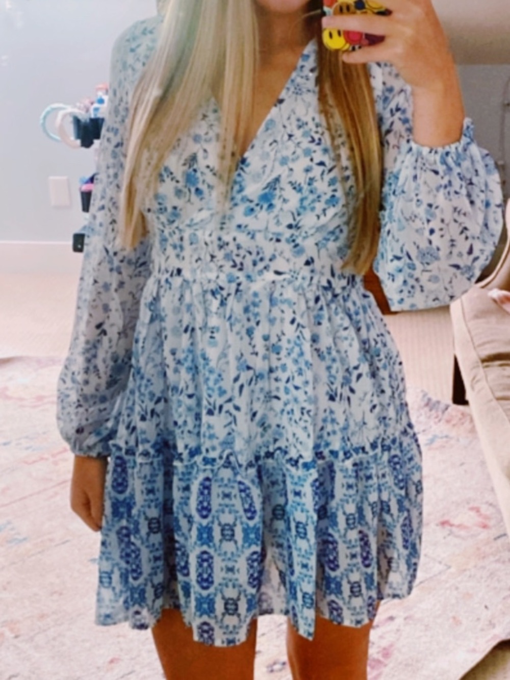 Blue Floral Tiered Long-Sleeve Dress